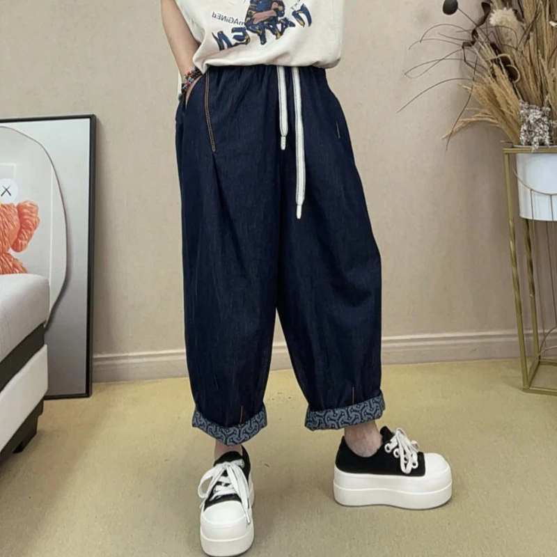 6851#百搭休闲夏季宽松薄款韩版抽绳八分牛仔裤