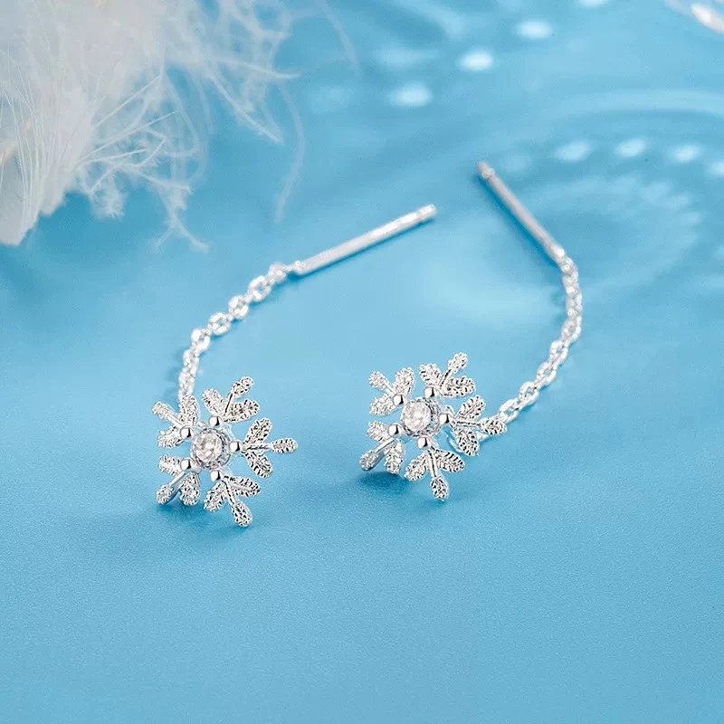 足银银制品 新款雪花耳线清新甜美风韩版设计感镶纯银长款流苏