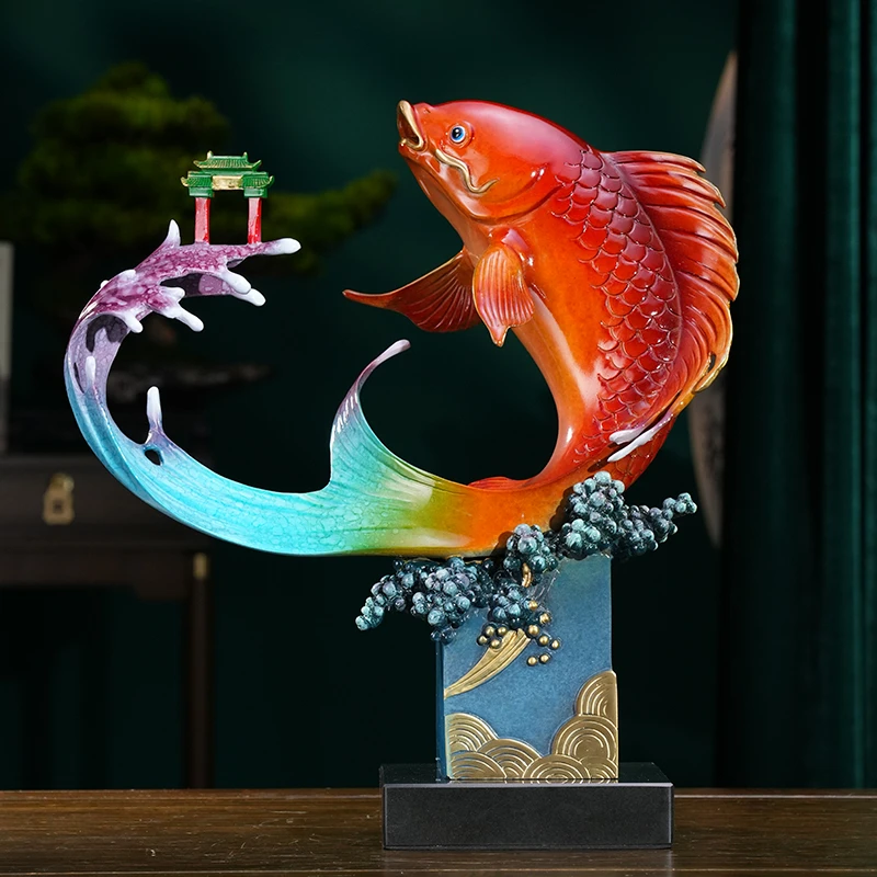 同欢福《鱼跃龙门》彩铜鲤鱼铜鱼摆件酒柜装饰工艺品开业乔迁新居