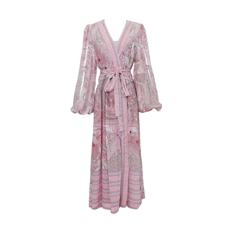 LELE CONCEPT｜「夭夭」 印花系带灯笼袖长款连衣裙度假风Q0182