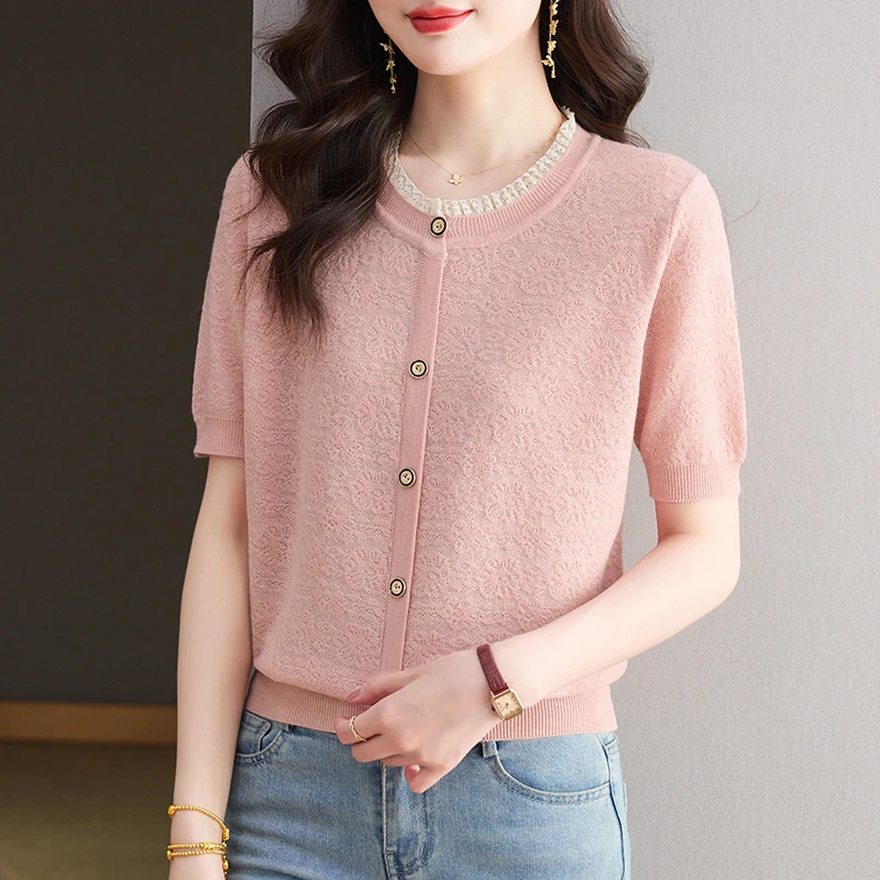 套头木耳边薄款短袖女宽松夏季纯色拼接高级感T恤显瘦妈妈上衣