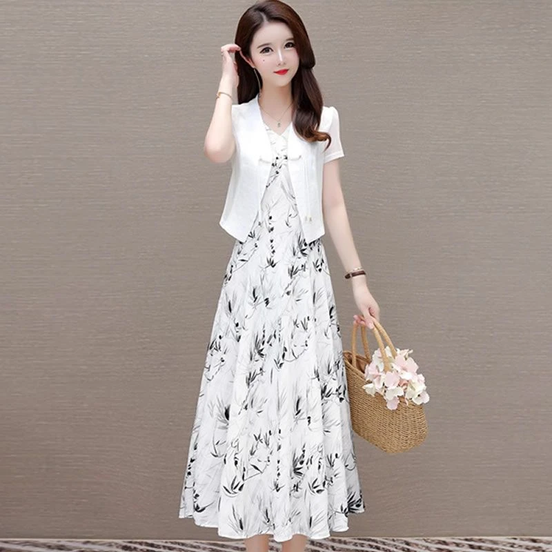 2025时尚印花新款夏季国风气质修身显瘦妈妈连衣裙两件套中式套装