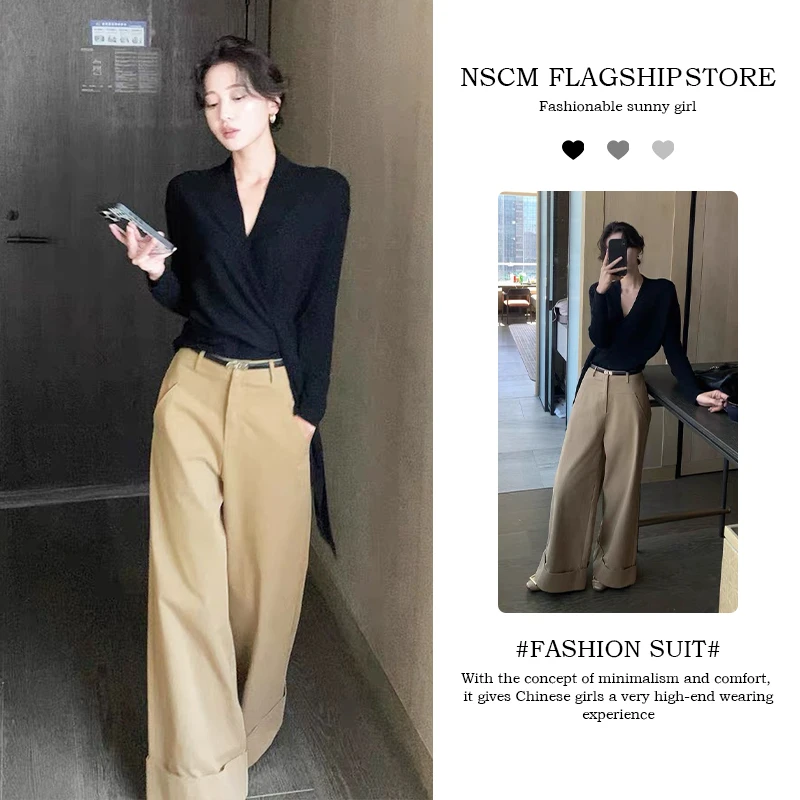 NSCM秋季新款老钱风松弛感女装贵气法式绑带设计上衣高腰阔腿裤