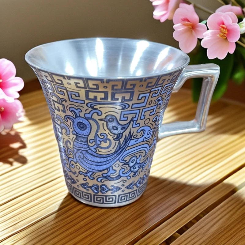 德艺 L526周鸿杰手工刻绘天命玄鸟瓷胎鎏银高端个人使用茶杯120ml