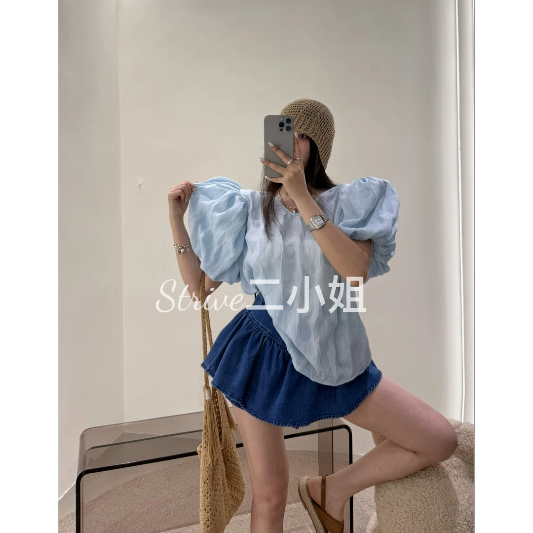 【纯氧少女】原单泡菜订制夏季大泡泡袖v领云朵上衣