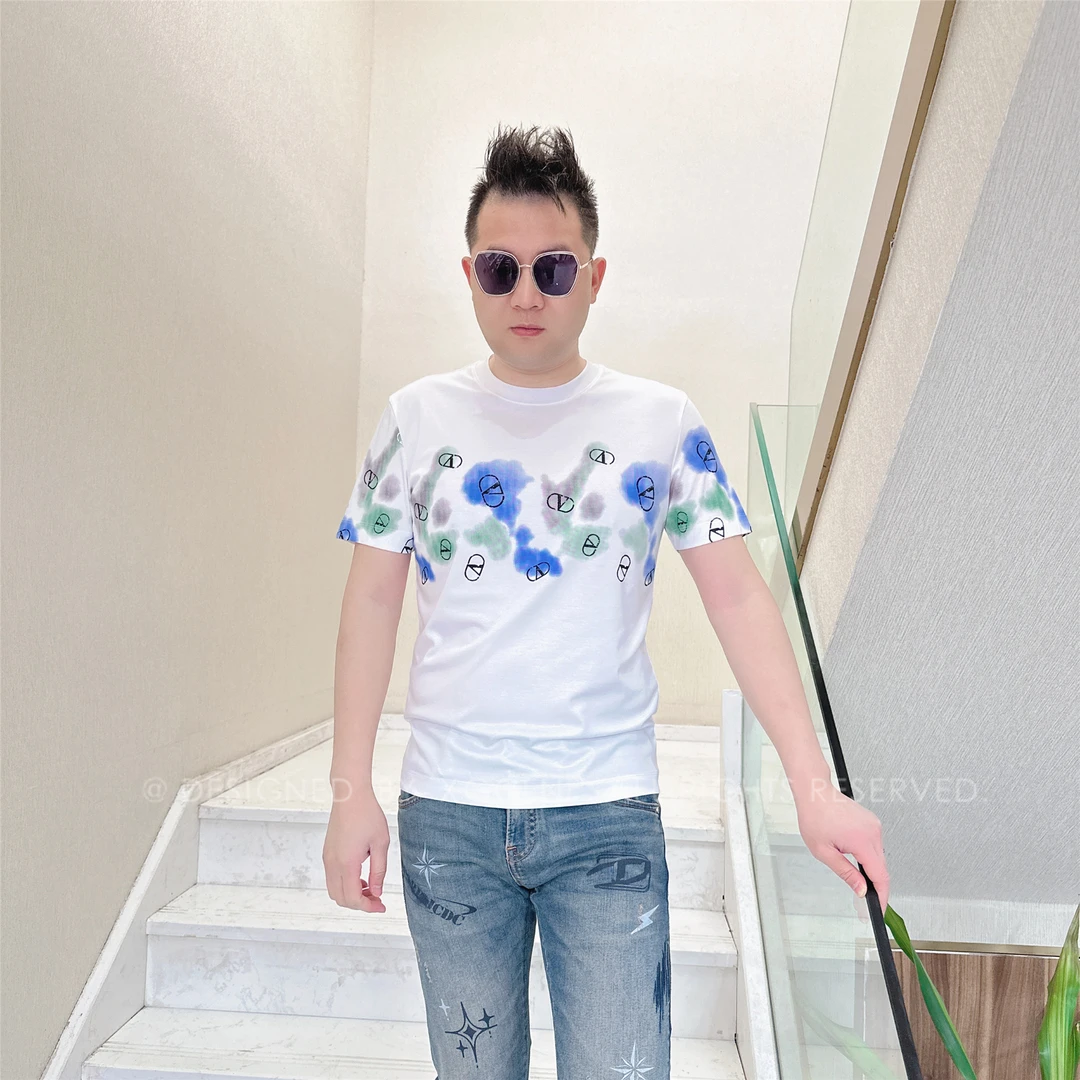 春夏款NL胸口绿蓝色扎染块男士品质高端轻奢洋气时尚潮牌短袖t恤