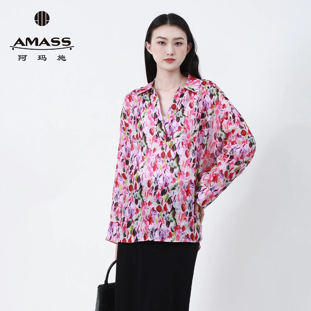 阿玛施AMASS春夏新款时尚清凉感休闲印花新中式苎麻衬衫女530074