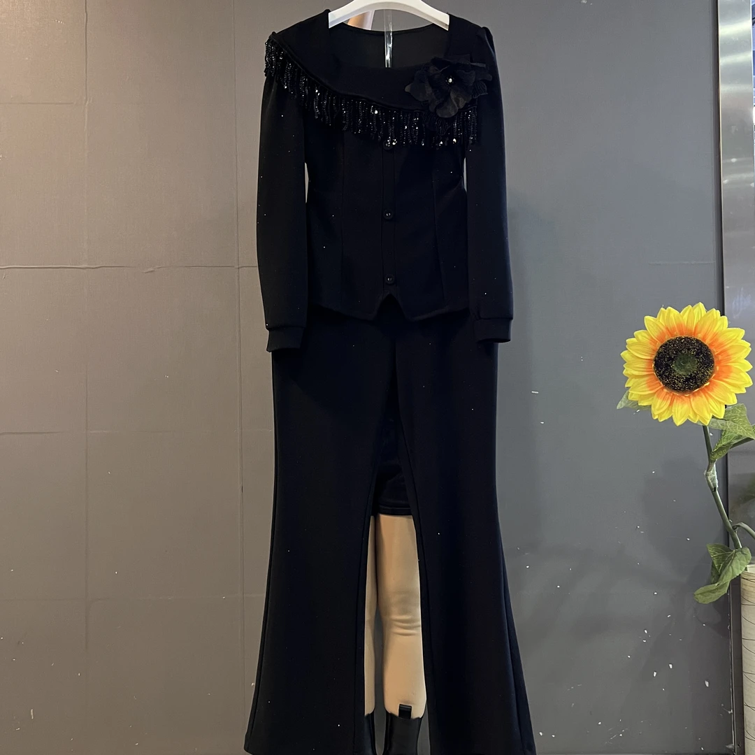 新款时尚气质方领流苏拼接别致显瘦上衣➕裤子两件套