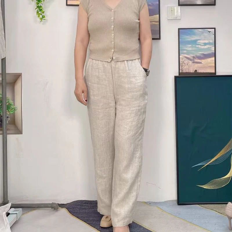 新款纯亚麻直筒长裤时尚百搭窄版阔腿裤夏款休闲裤