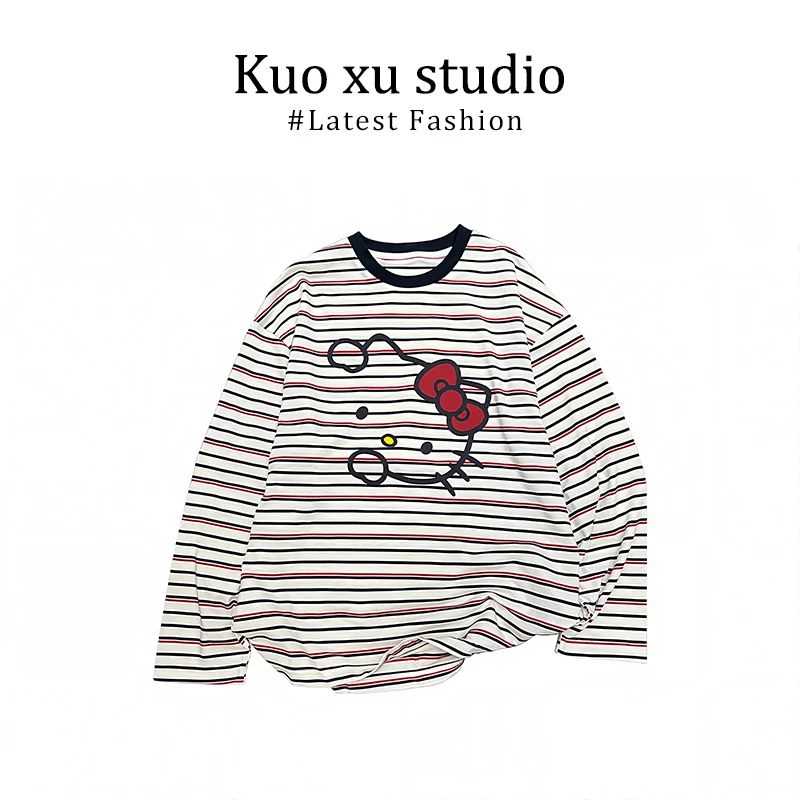 韩系chic上衣别致宽松慵懒风显瘦米色条纹kt猫印花长袖T恤女秋季