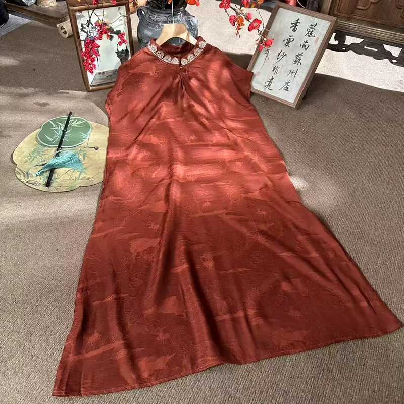 夏季新款花苞绣旗袍领提花连衣裙