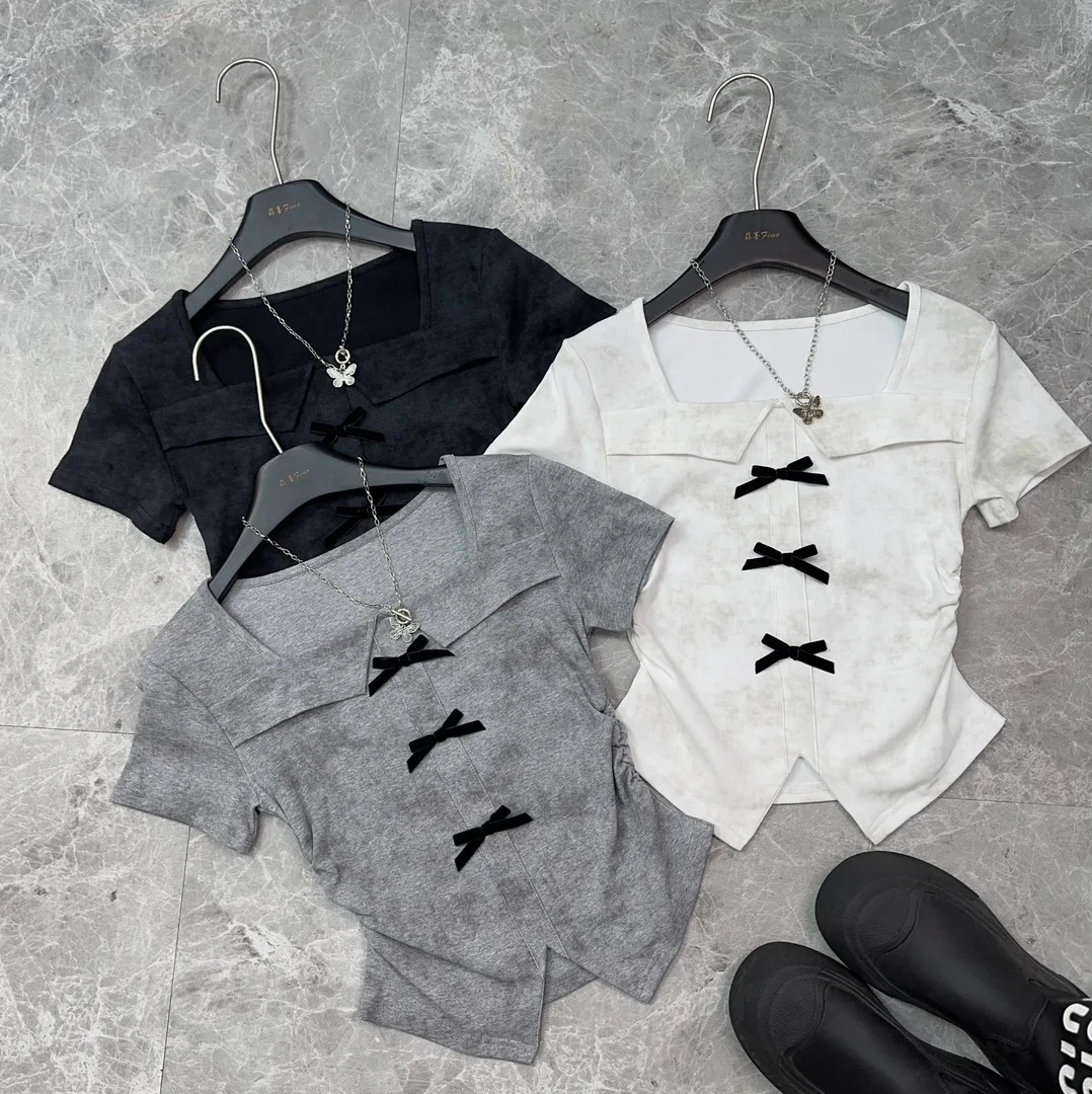 方领锁骨正肩短袖t恤女2025夏季新款立体蝴蝶结修身显瘦T恤上衣