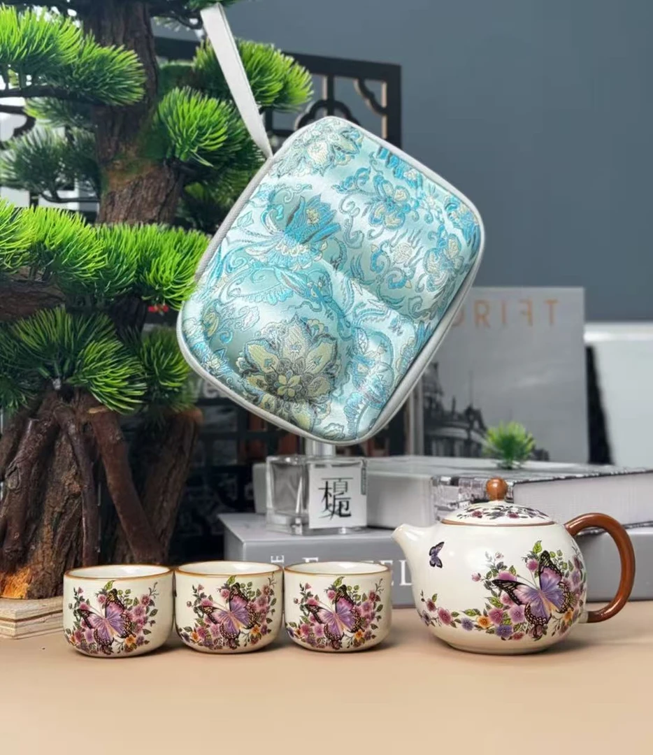 黄汝紫蝴蝶一壶三杯精致旅行茶具户外便携功夫茶具套装KK0913