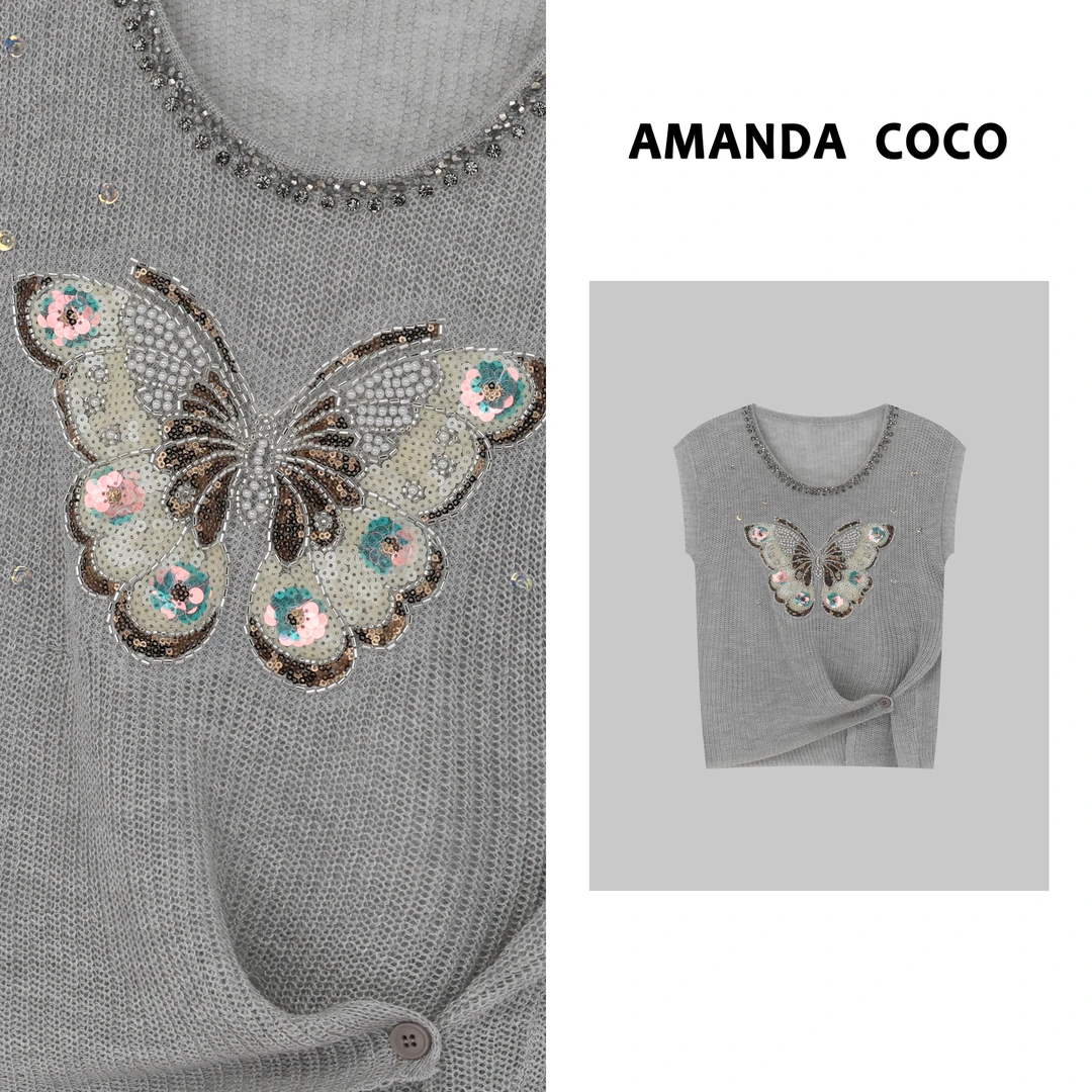 静静 | 夏季薄款串珠亮片蝴蝶收腰镂空飞袖针织衫