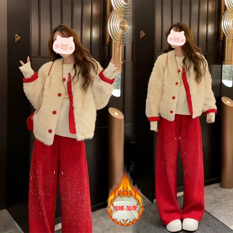 冬季新款法式新年氛围感双面穿短款外套加绒镶钻休闲裤保暖两件套