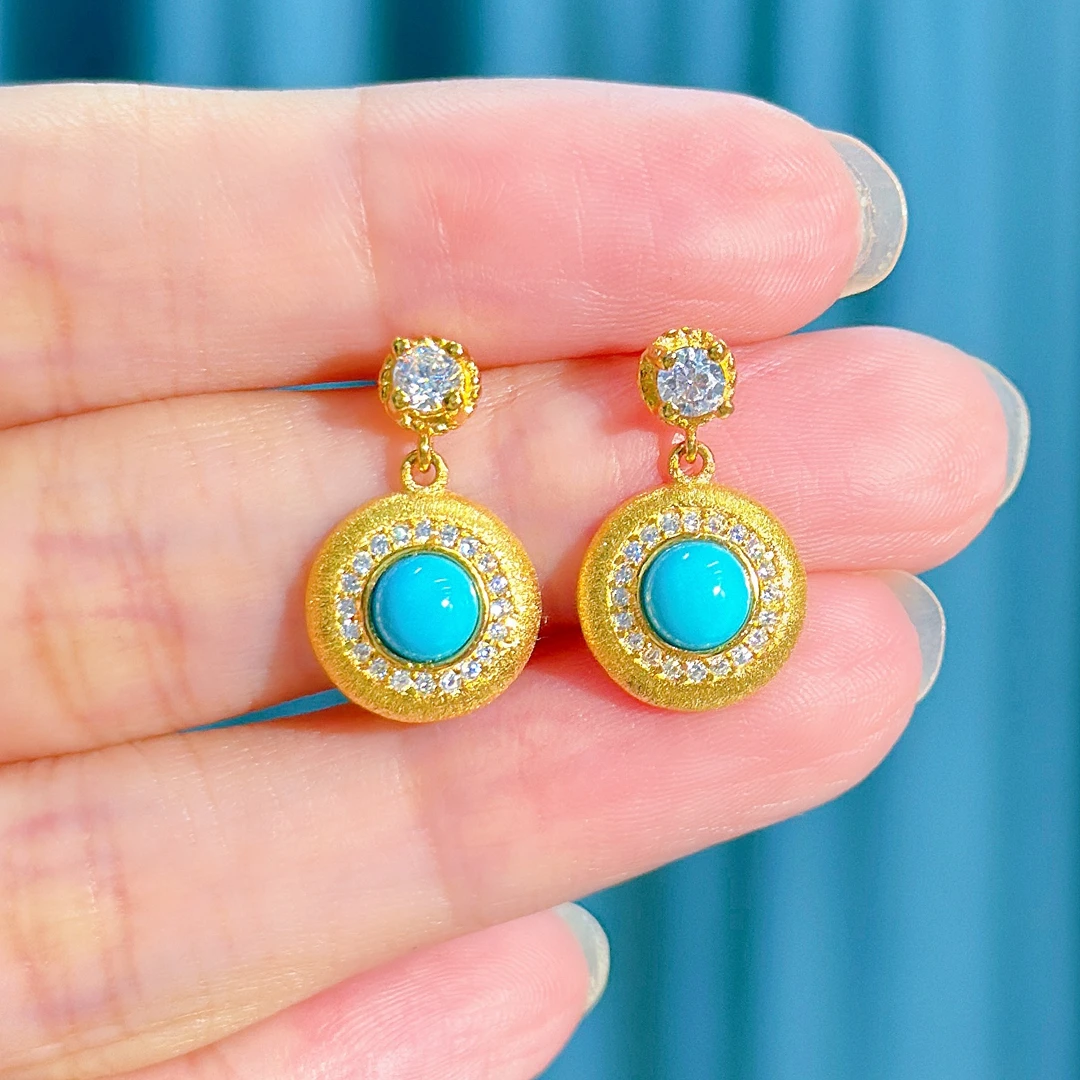 7476绿松耳钉高瓷暴力蓝拉丝正圆耳饰耳坠时尚优雅925银复古百搭