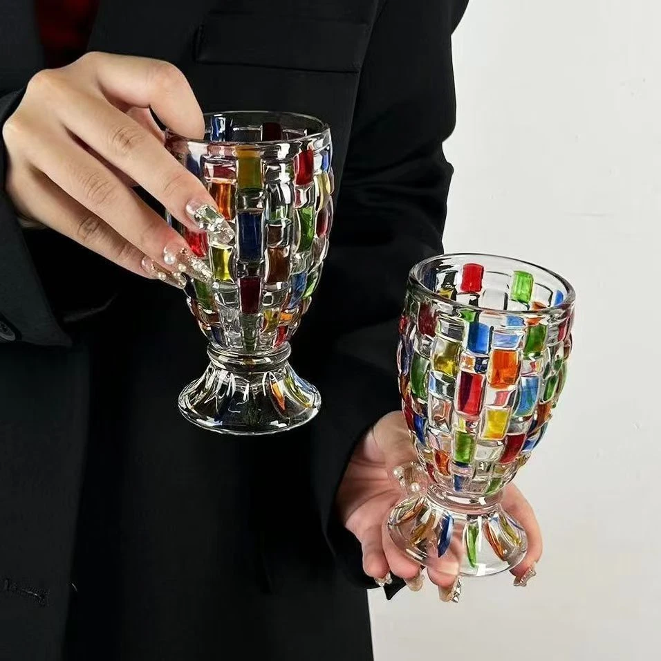 高颜值复古无铅水晶玻璃编织鱼鳞鱼尾美人鱼手绘水杯啤酒杯家用J