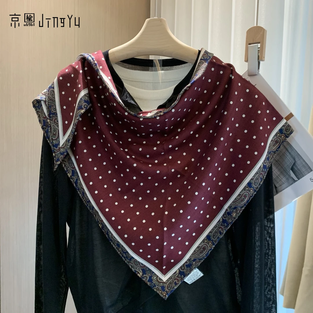 京榆 丨波点丨双面桑蚕丝绵羊毛女士秋冬保暖围巾三角巾58*120cm