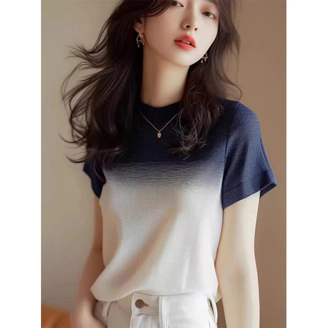 2024新款蓝色渐变色亮闪闪针织短袖T恤女装夏季欧货小衫正肩上衣