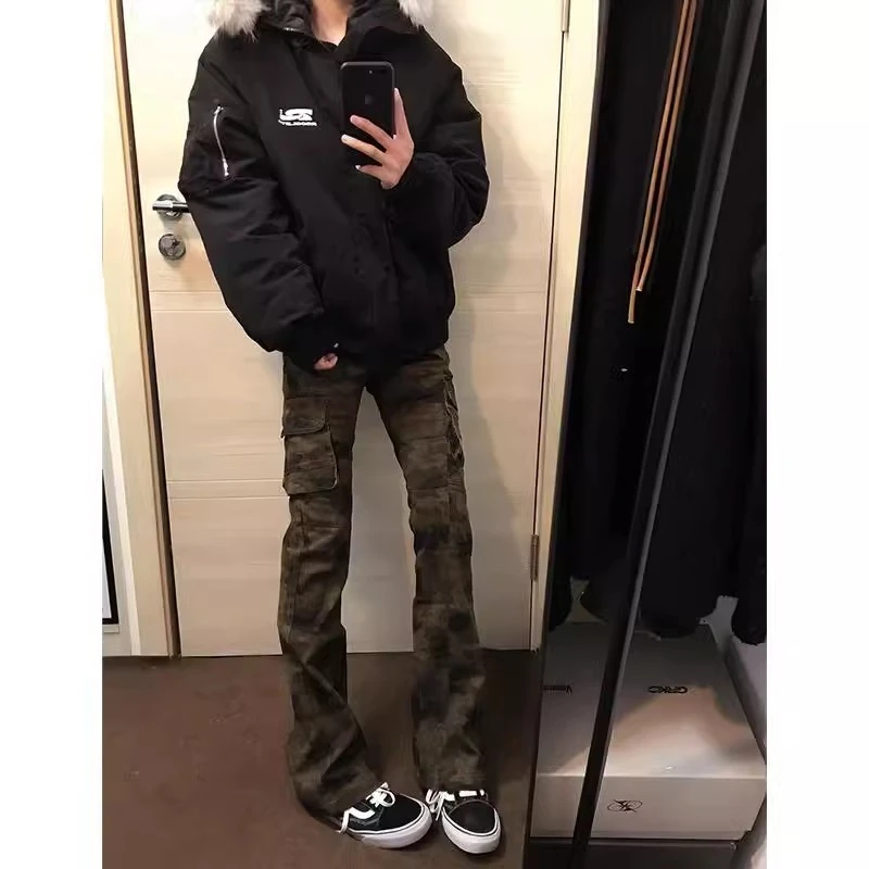 美式迷彩牛仔裤男女新款高街复古修身显瘦休闲百搭潮流直筒微喇裤