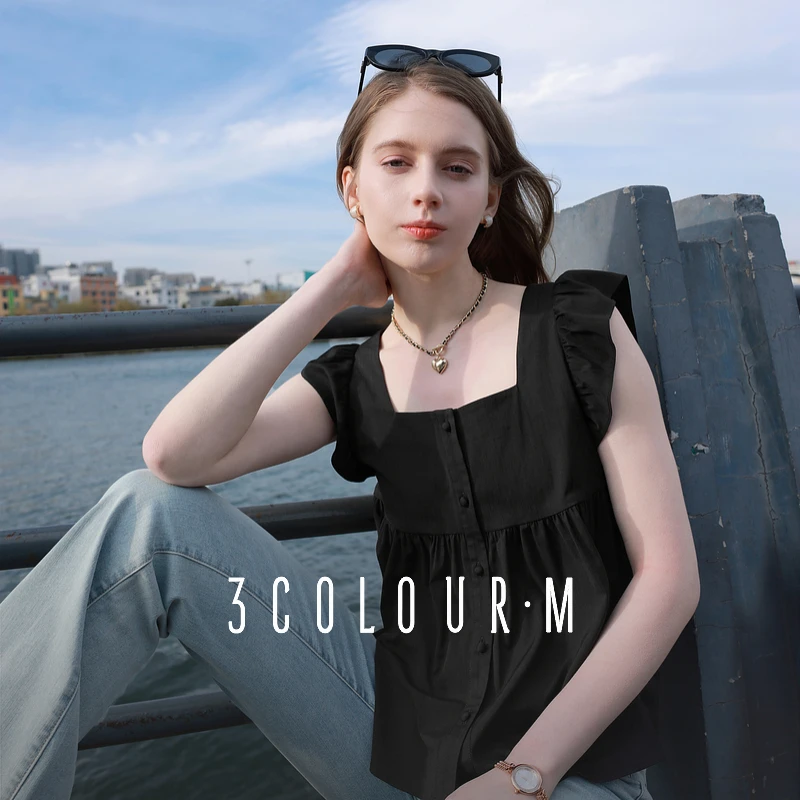 三彩2025夏季新款复古方领飞飞袖衬衫短款宽松娃娃衫遮肉显瘦M