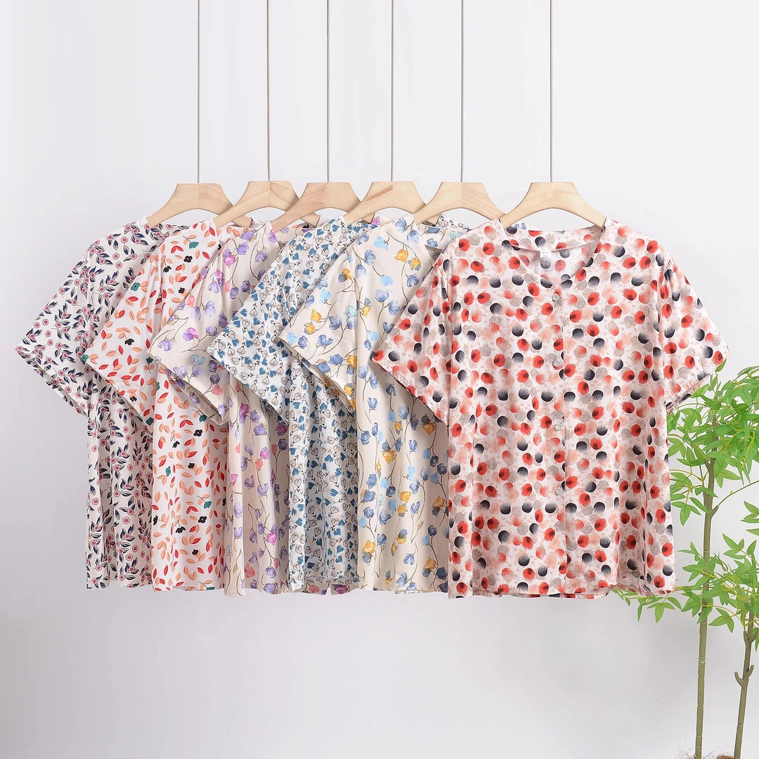 棉绸短袖上衣可外穿家居服薄款夏装中老年妈妈宽松人造棉休闲开衫