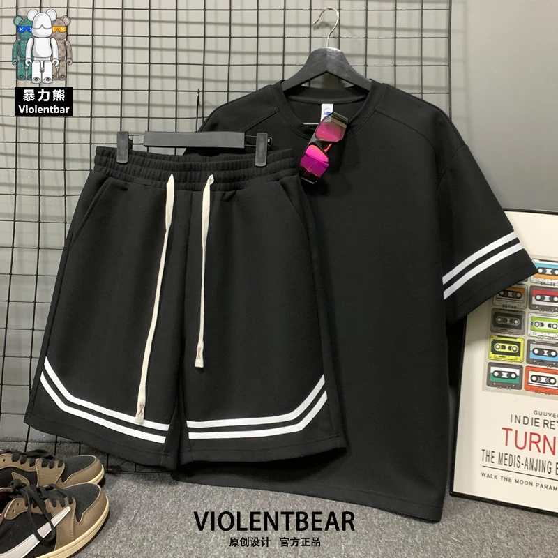 暴力熊港风T恤套装男夏季条纹大码短袖短裤两件套青少年运动穿搭