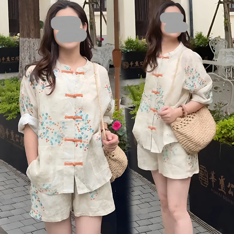 2025夏装碎花防晒时尚套装轻薄新中式国风印花开衫上衣短裤两件套