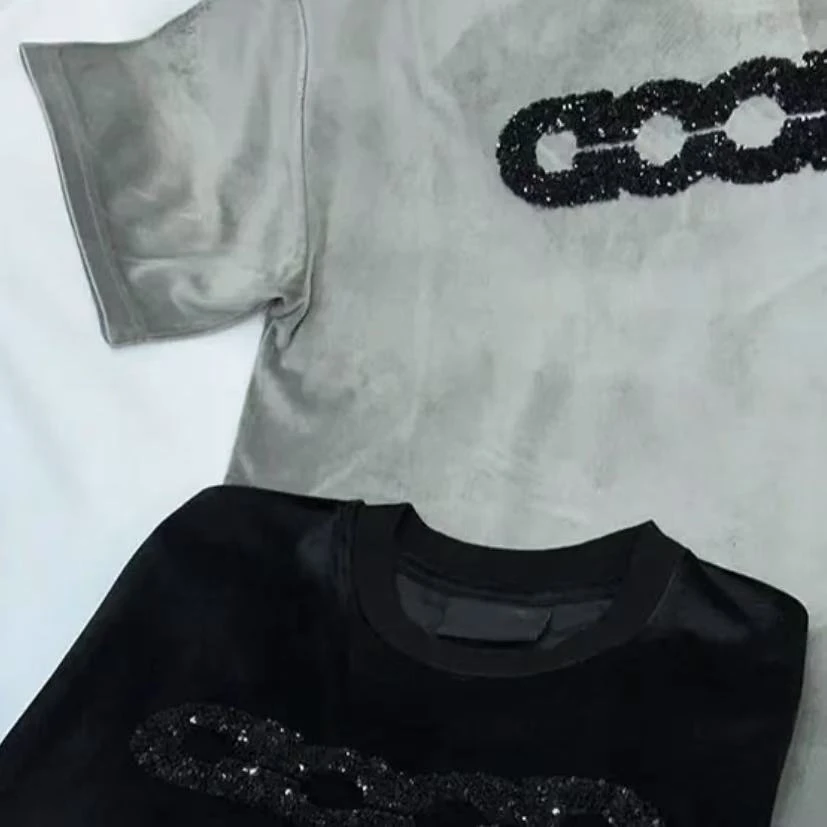 新款2025丝绒破碎感珠片轻奢经典LOGO短袖T恤高级感男女同款宽松