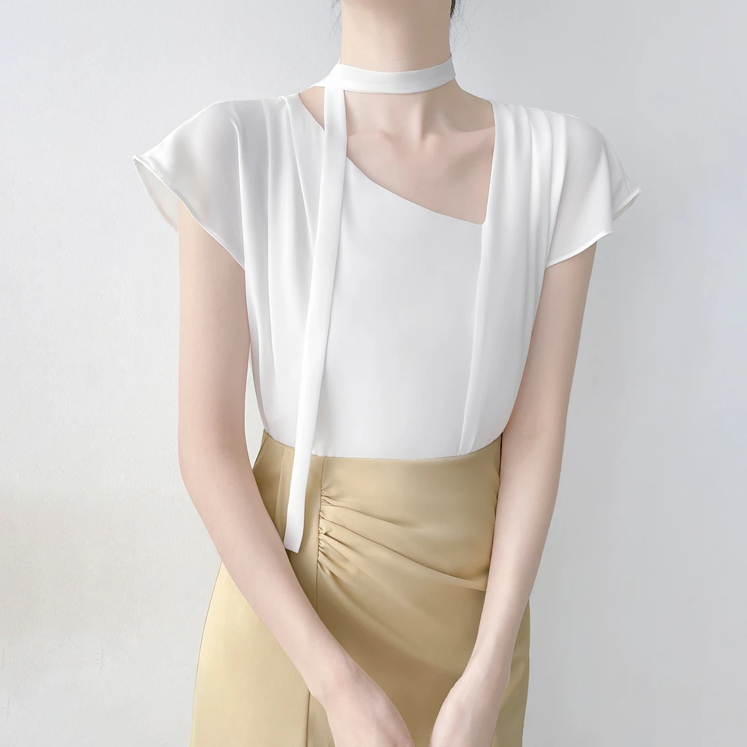 H68高级感挂脖飘带短袖衬衫女夏季新款褶皱设计不对称V领雪纺上衣