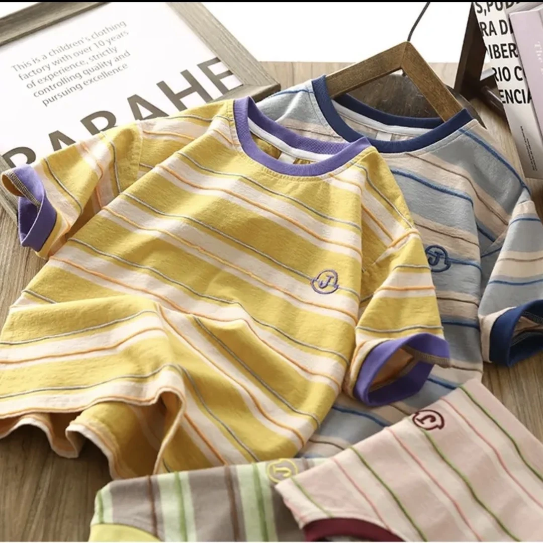 Z男童短袖T恤衫2025夏季新款儿童条纹半袖圆领汗衫中大童时髦T恤