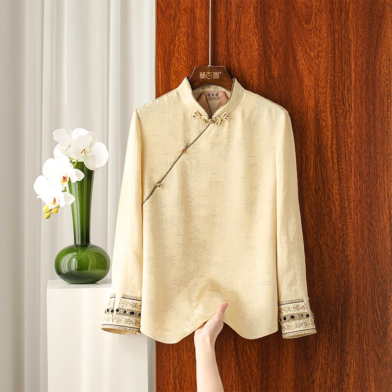 2025春夏新中式香槟杏色气质立领衬衫显瘦遮肉百搭提花缎面衬衫