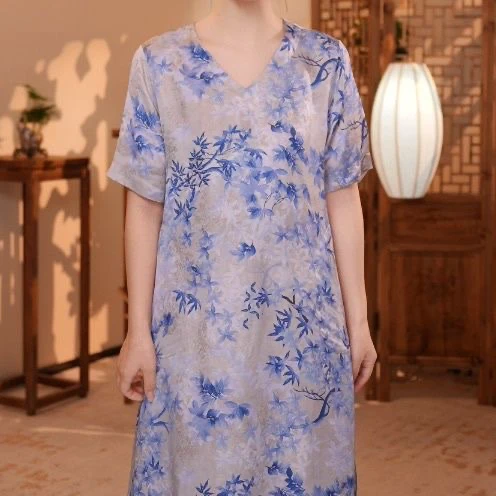 6769高端碎花显瘦中长袖古风连衣裙