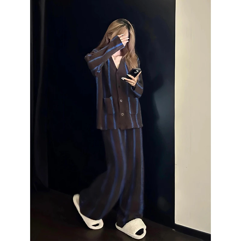 韩系撞色条纹半边绒睡衣女冬季新款保暖加绒厚大码长袖家居服套装