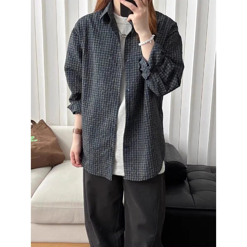 蓝色泡泡纱格子衬衫男款美式复古长袖衬衣cleanfit多巴胺上衣外套