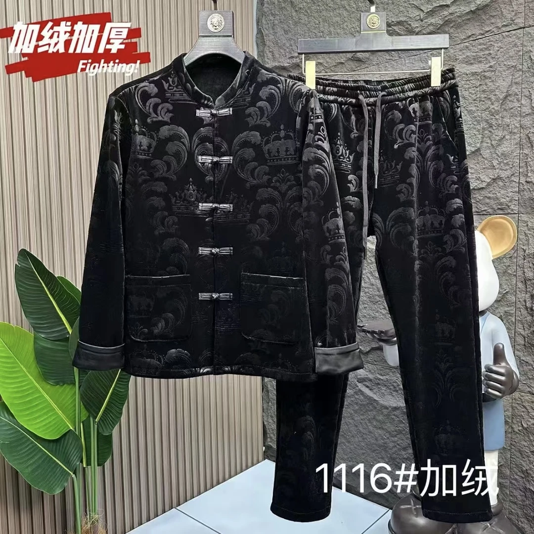 冬季新款加绒唐装套装两件套盘扣中国风印花民族风金丝绒男士提花