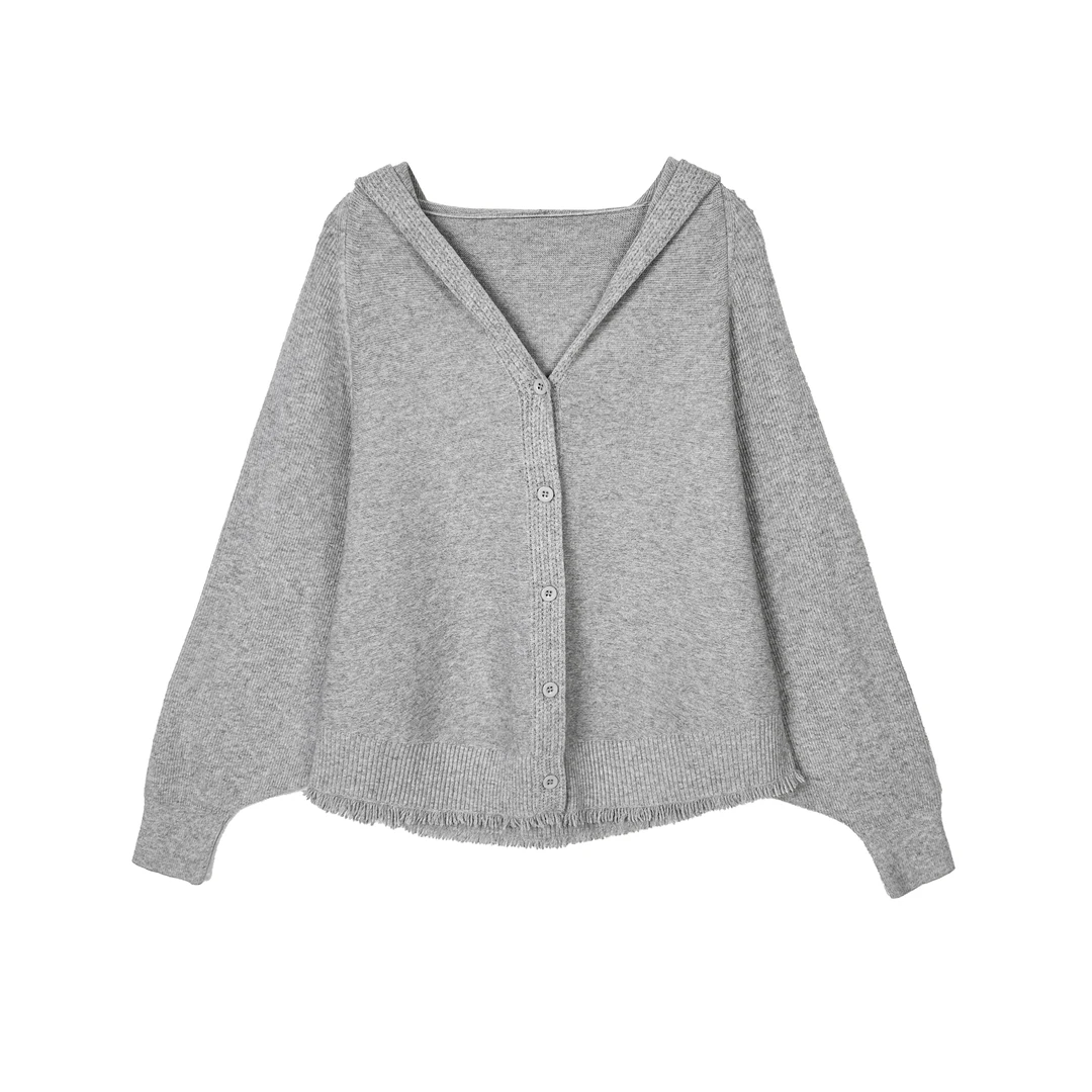 804【大牌女装】-灰色秋冬流苏定制带帽休闲百搭宽松开衫