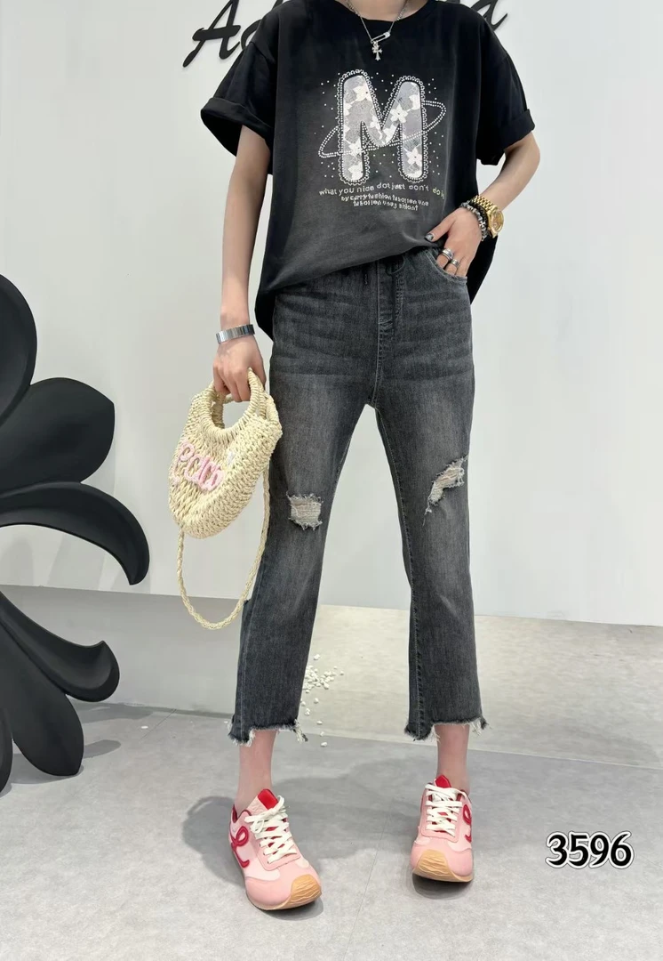 〖猫姐衣橱〗夏季新款超薄弹力做旧破洞毛边牛仔裤3596