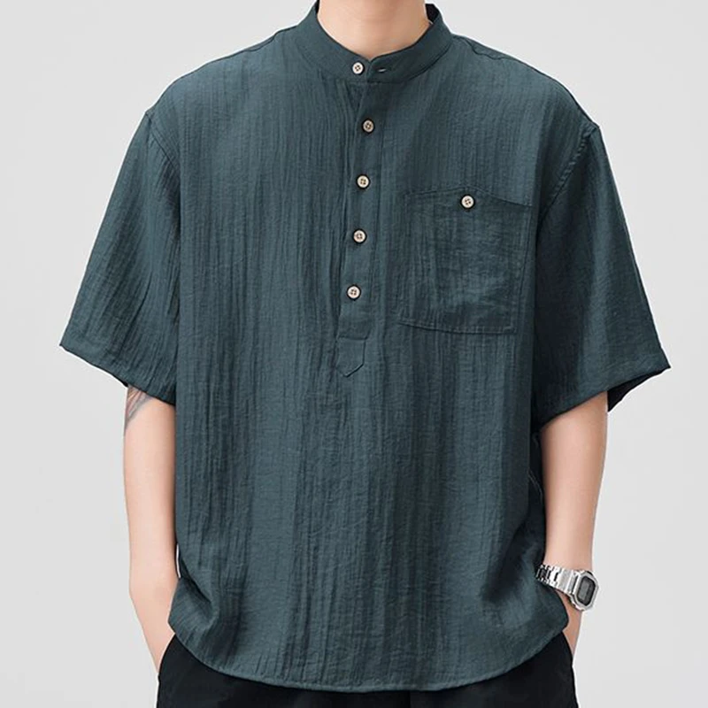 亚麻短袖衬衫男士夏季复古亨利领宽松休闲立领衬