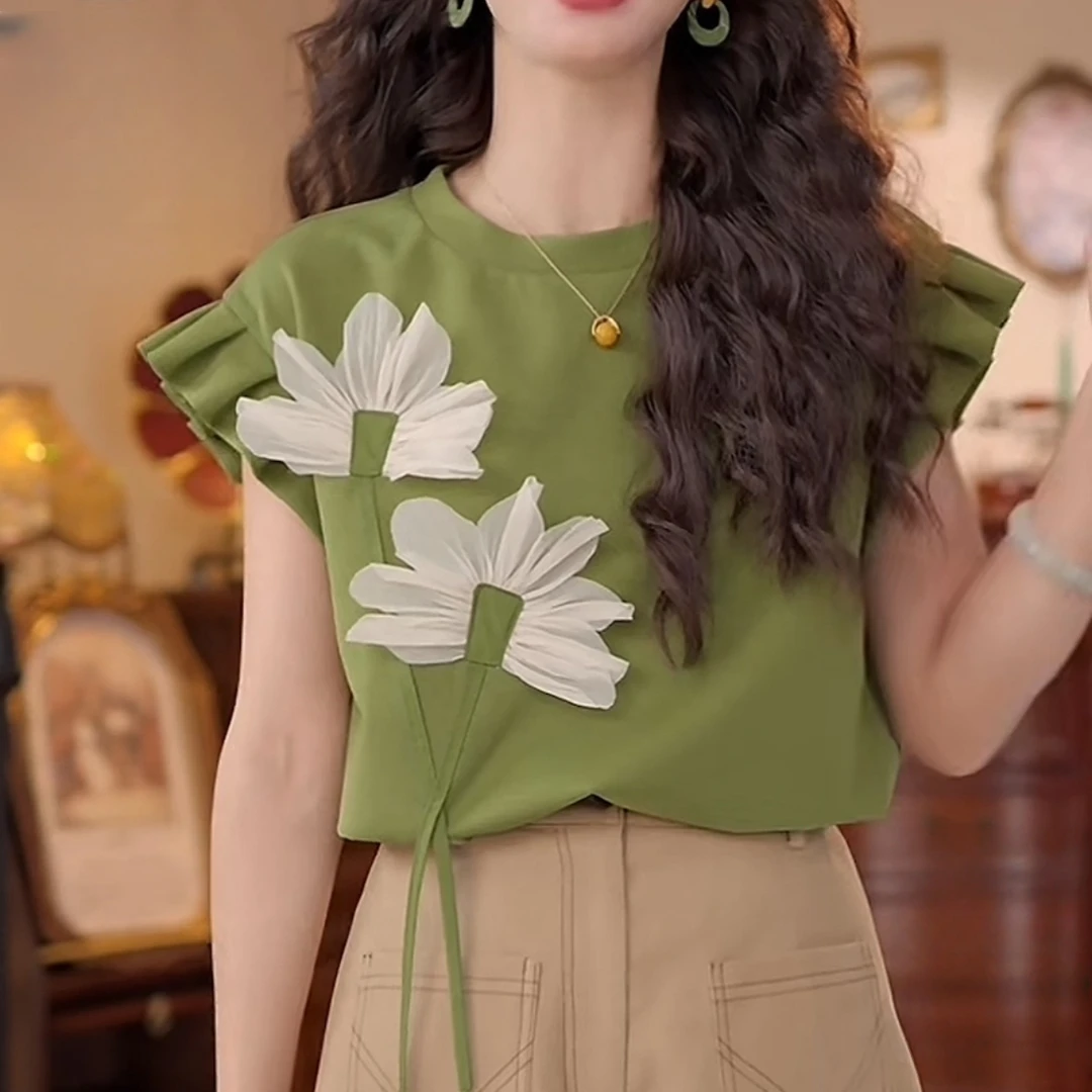 Z2510【松山森】甜美休闲百搭短袖衬衫女夏季上衣T恤花卉花瓣小衫