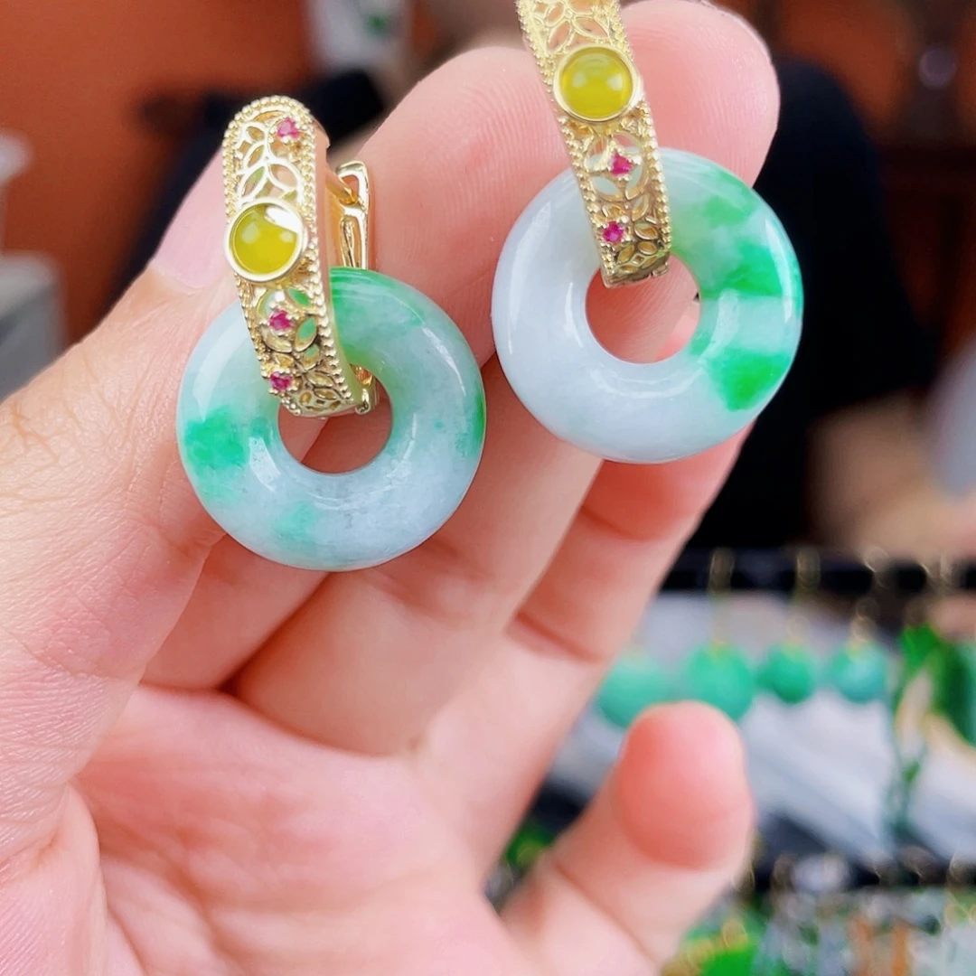 翡翠足银镶嵌耳饰饰品