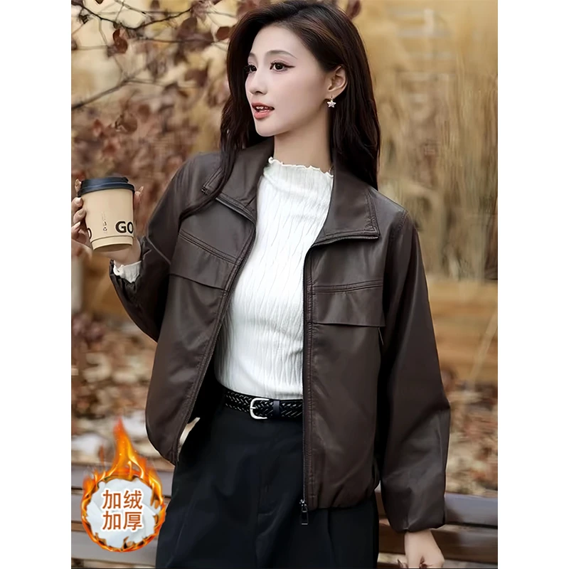 拉夏贝尔秋冬翻领PU皮衣外套女2025年新款爆款短款机车皮夹克上衣