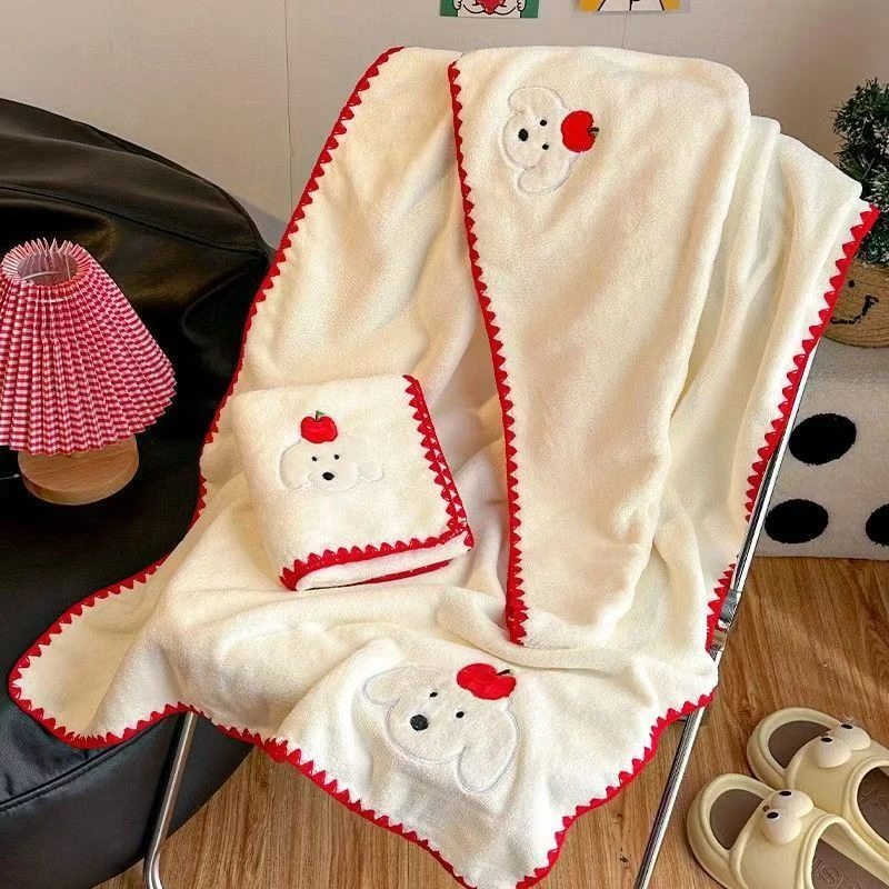 可爱苹果小狗速干吸水干发帽不掉毛浴巾大人裹巾加厚珊瑚绒毛巾yw