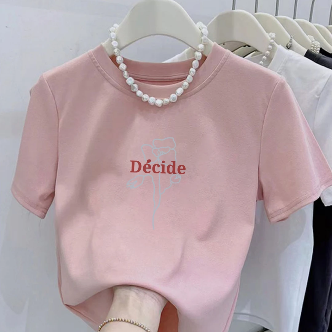 新款圆领Decide线条玫瑰印花纯棉短袖小个子女修身显瘦百搭上衣