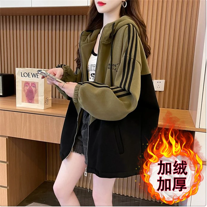 纯棉秋冬季新爆款初高中学生大童加绒厚外套女高级感复古夹克开衫