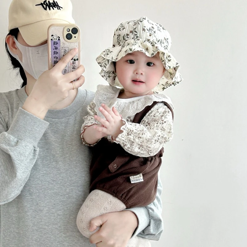 婴儿帽子宝宝春秋薄款纯棉可爱超萌小月龄碎花公主渔夫帽抽绳调节