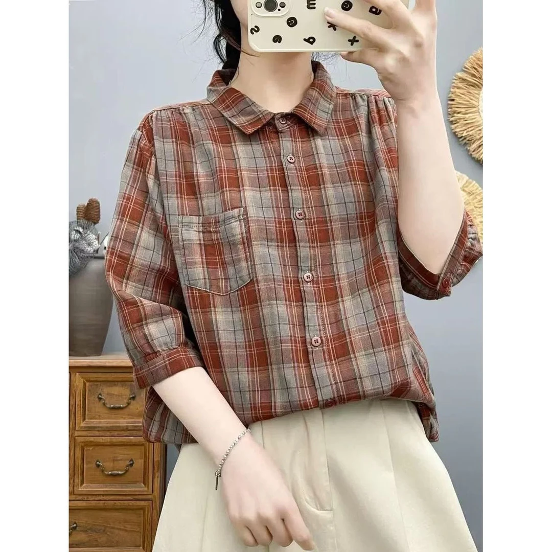 夏季新款双层棉纱大格子中袖衬衫宽松百搭文艺复古女士上衣