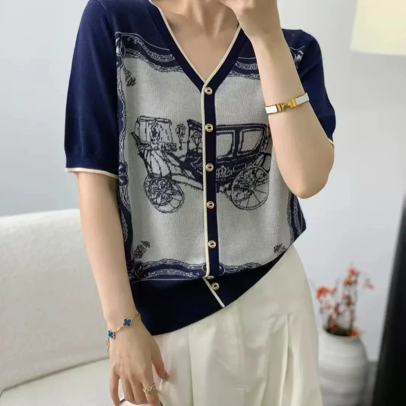 【运费补贴放心购】莱赛尔天丝复古老爷车提花假开衫针织T恤短袖女