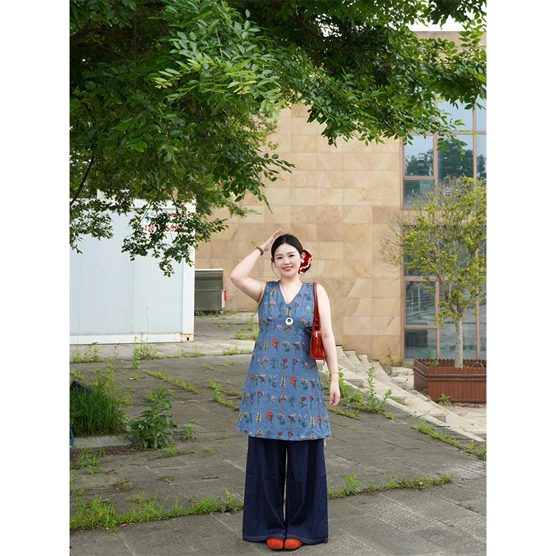 2025春夏季设计感无袖印花简约修身显瘦上衣气质时尚直筒宽松长裤