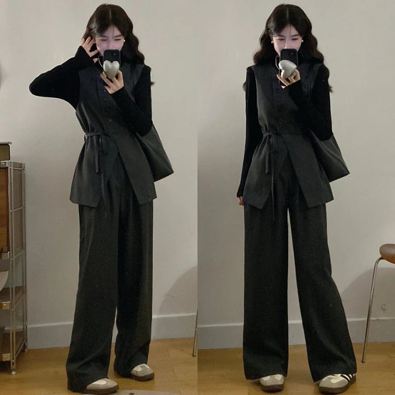 大码胖mm韩系灰色高级感套装女轻熟御姐风马甲+T恤+阔腿裤套装女